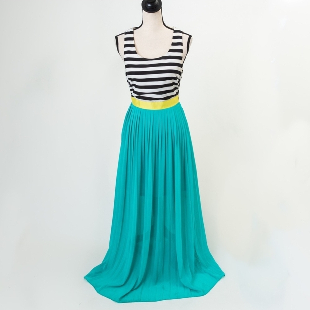 Double Zero Black and White Striped Top with Teal Maxi Skirt